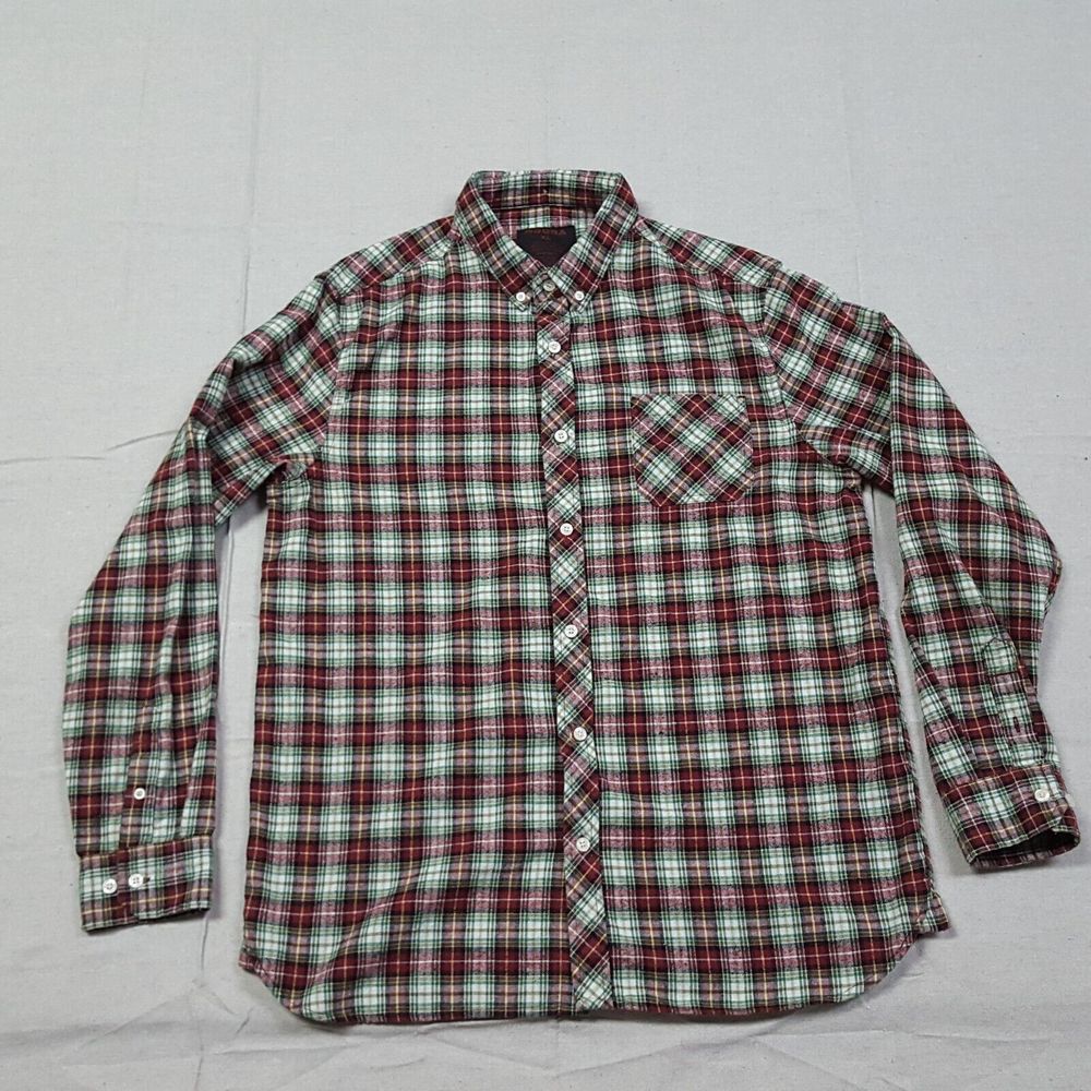 RQQBA Shirt Mens XL Green Red Long Sleeve Flannel Plaid Button Up Outdoor